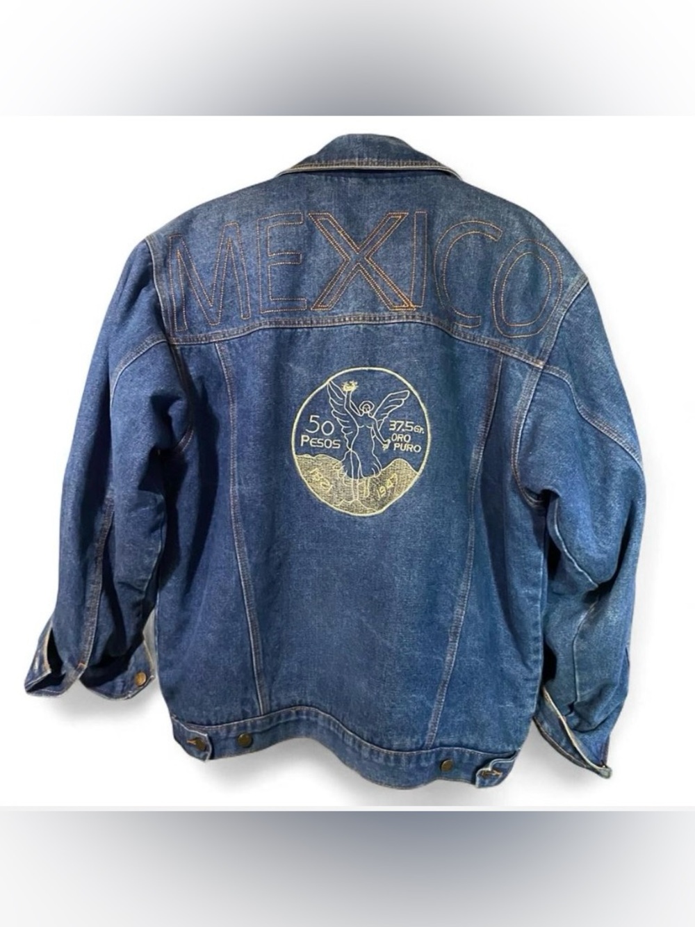 Vintage Blue Denim Sherpa Jean Trucker Jacket with Mexico Embroidery Gold Angel